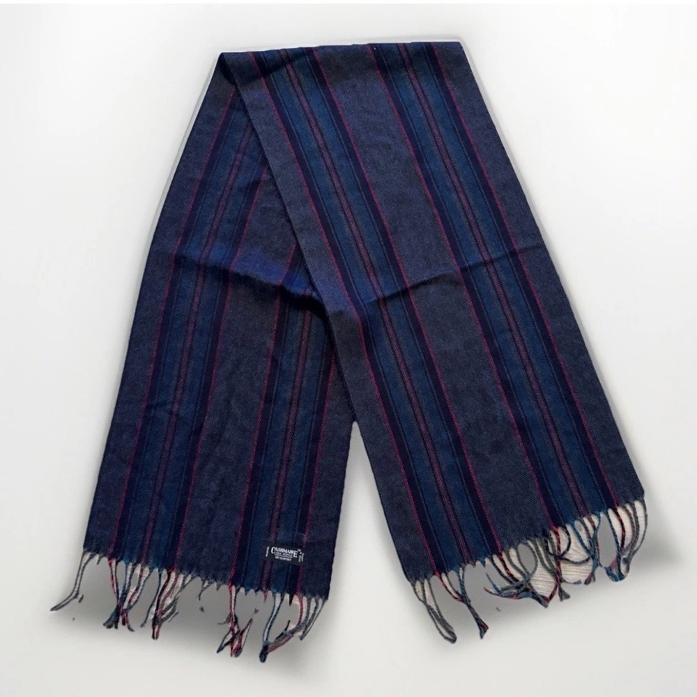 Vintage Preppy Scarf Navy Blue Stripes Men Women Cashmaire Acrylic Made In Japan